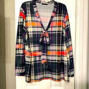 Woman Blouse Plaid Multi colors with long sleeves.  V neckline.  3X*